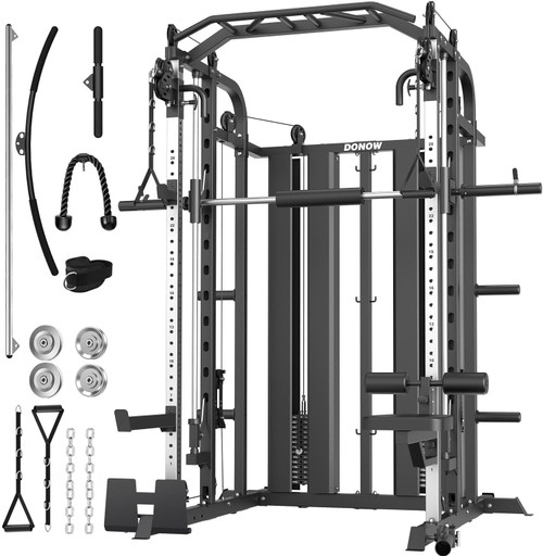 DONOW Smith Machine with Weight Stacks, Multi Function Home Gym System Training Power Cage Squat Rack Dual Cable Crossover Machine All in One