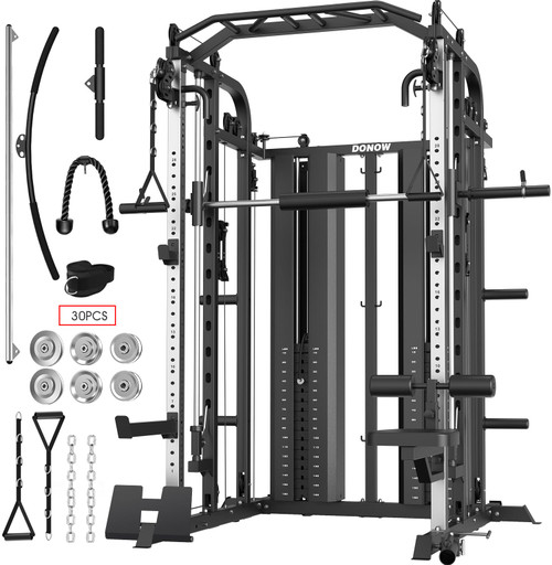 DONOW Smith Machine with Weight Stacks, Multi Function Home Gym System Training Power Cage Squat Rack Dual Cable Crossover Machine All in One
