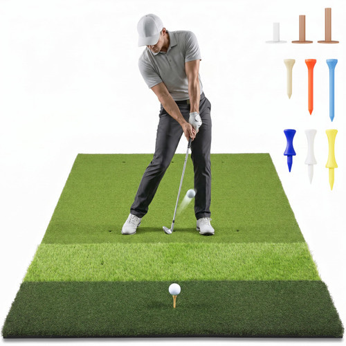 6x4 ft Premium Tri-Turf Golf Hitting Mat with Tees | Extra Large Indoor/Outdoor Golf Practice Mat for Simulator | Fairway, Rough & Tee Turf