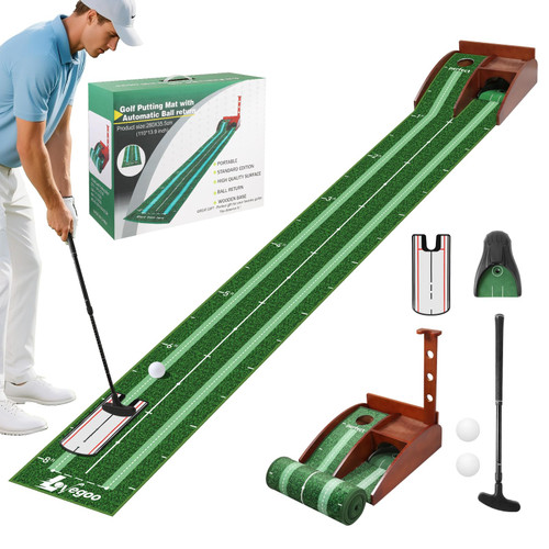 Golf Putting Green Indoor Putting Mat with Auto Ball Return, Solid Wood Base and Crystal Velvet Mat, Ideal for Home, Office