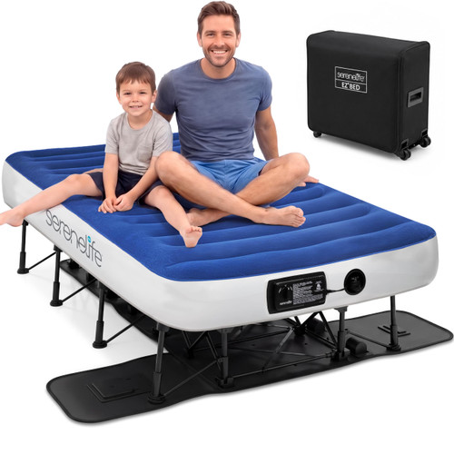 SereneLife EZ Bed Twin Air Mattress with Frame, Self-Inflating Raised Guest Bed with Built-in Pump, Rolling Wheeled Case