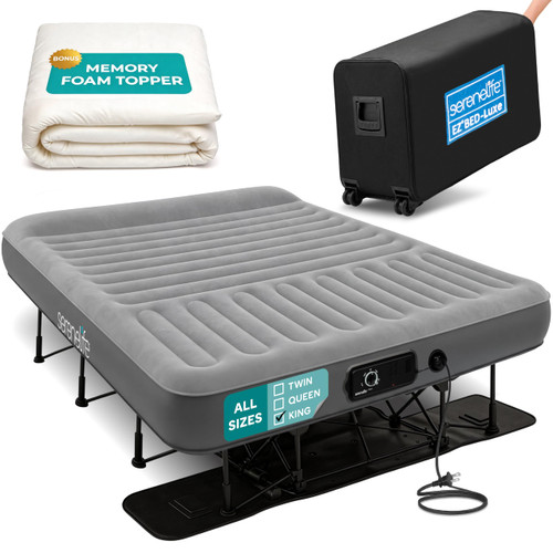 SereneLife (King) EZ Bed Luxe Air Mattress with Frame and Rolling Case - Luxury Series with Bonus Memory Foam Cover, Constant Comfort Pressure Maintaining Pump
