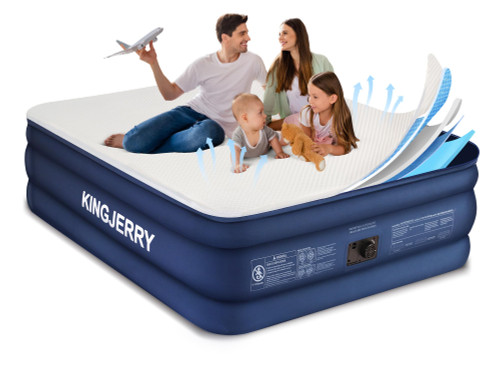 KINGJERRY Queen Air Mattress with Built-in Pump, 18" Luxury Foam Topper Inflatable Blow Up Mattress, Breathable & Washable Silk Feel Cover