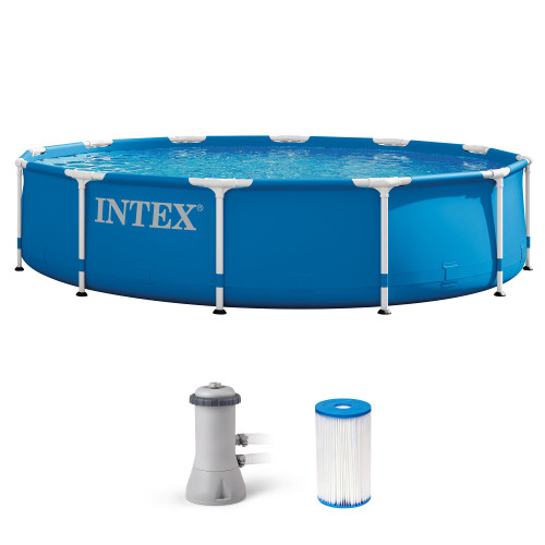 INTEX Metal Frame 12 ft x 30 in Above Ground Pool Set, Round Swimming Pool with Steel Frame, 530 GPH Cartridge Filter Pump