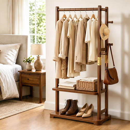 Taitiy Coat Rack Solid Wood Clothes Rack with 2 Shelves & 5 Hooks for Hanging Clothes Garment Wallets Hats