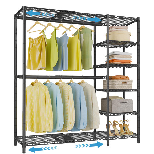 3'3" to 4'8" Portable Open Walk-in Closet Rack System with Flexible Shelves and Hanger Rods Clothing Rack for Hanging Clothes, Black