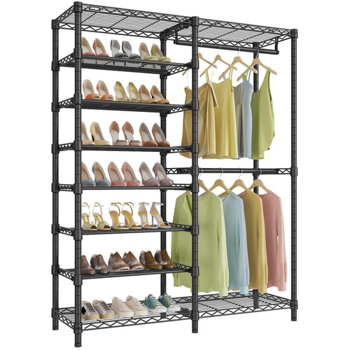 VIPEK S2 Clothes Rack with 8-Tier Shoe Rack, Metal Closet Organizer, Black | Freestanding Clothing Rack with 2 Hanging Rods