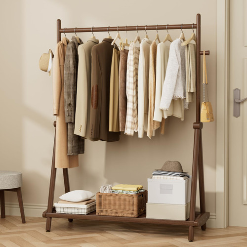 Freestanding Garment Rack & Coat Tree,Extra-Long 39.38" Hanging Rod, Double Storage Shelves for Bedroom