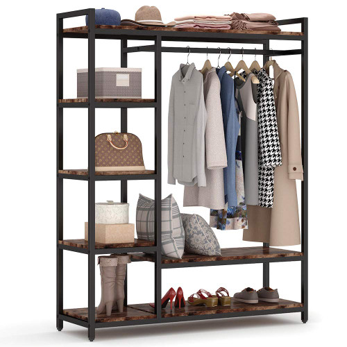 LITTLE TREE Free Standing Wood Closet Clothes Rack,Heavy Duty Grament Rack with Shelves,Hanging Racks for Clothes Clothing Rack for Bedrom