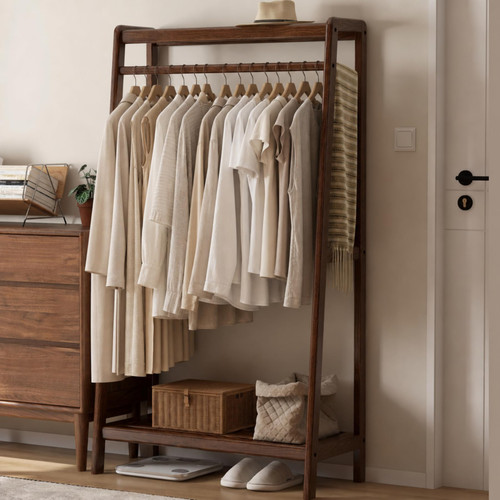 Solid Wood Clothes Rack, Clothing Rack with 2 Shelves Storage, Floor-Standing Coat Rack for Bedroom