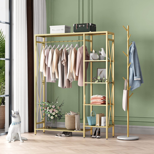 TIEOU Modern Gold Clothes Racks Free-Standing, Gold Clothing Rack with Shelves for Boutiques