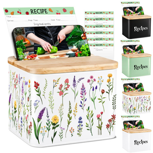 Metal Premium Recipe Box with Bamboo Grooved Lid