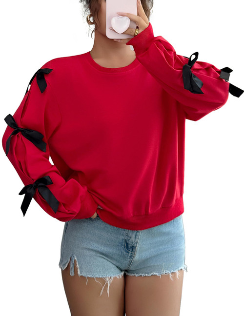 GAMISS Womens Bow Lightweight Sweatshirt Oversized Crew Neck