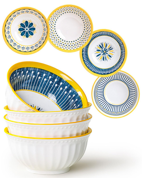 Cereal Bowls Set of 4, 27 Oz Ribbed Exterior Ceramic Bowls, 6.14 Inch Lead-Free Scratch