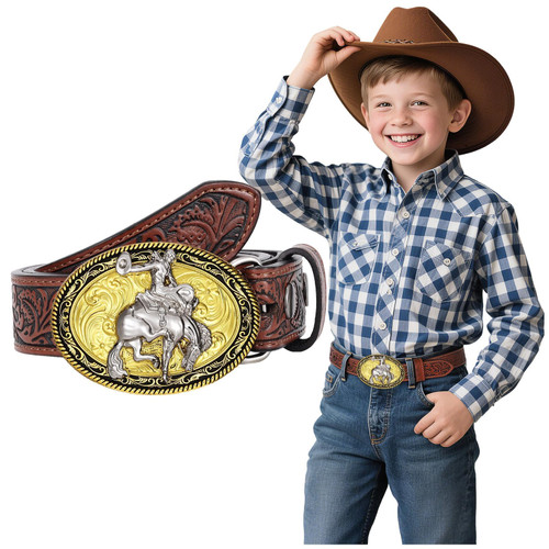 1.1" Embossed Genuine leather Kids Cowboy Belt for Boy with Removable