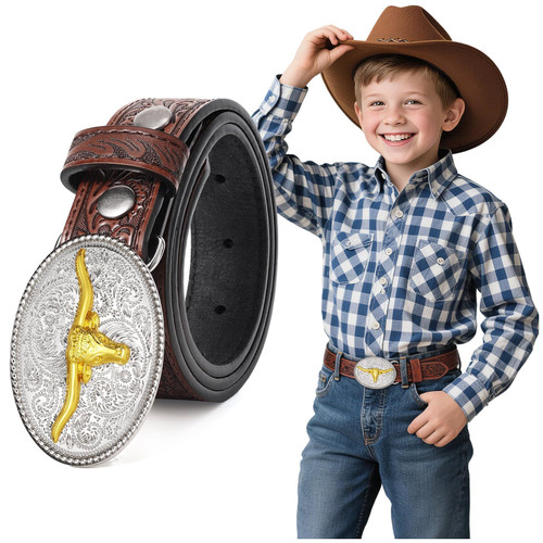 1.1" Embossed Genuine leather Kids Cowboy Belt for Boy with Removable