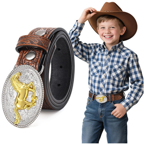 Cowboy Belt for Boy with Removable Buckle Western Belts for Jeans