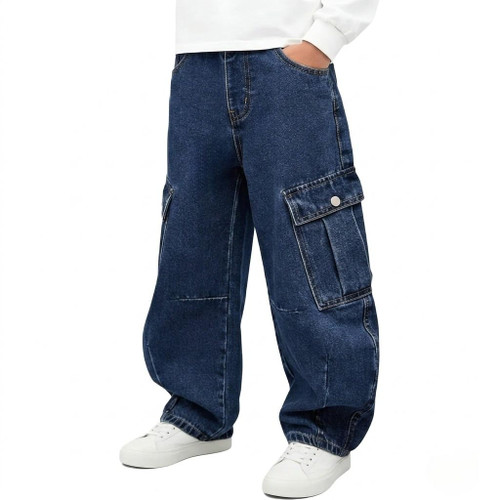 Mid Rise Elastic Waist Multi-Pockets Denim Pants School Streetwear Size 8-12