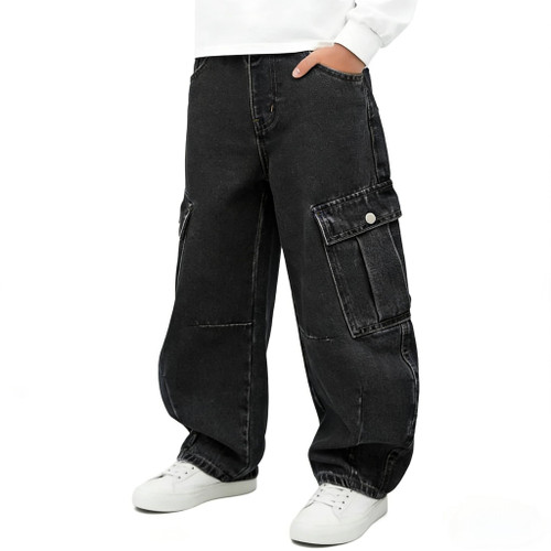Baggy Jeans for Boys Cargo Jeans, Mid Rise Elastic Waist Multi-Pockets Denim Pants