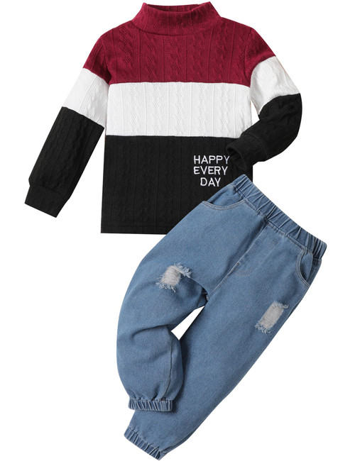 Boy Clothes Color Block Sweater Jeans Boys Outifts Set