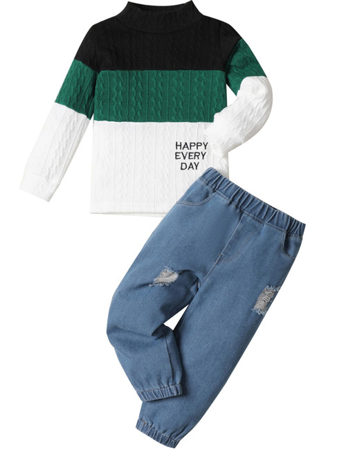mksodopy Boy Clothes Color Block Sweater Jeans