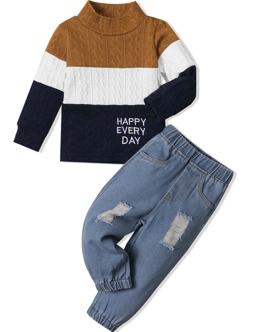Boy Clothes Color Block Sweater Jeans Boys Outifts Set