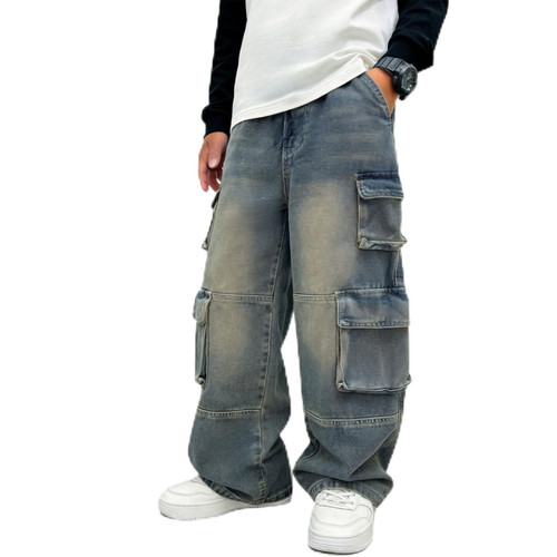 Boys Cargo Jeans, Mid Rise Elastic Waist Multi-Pockets Denim Pants School Streetwear