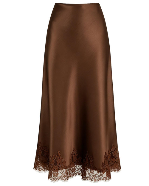 VividMosaic Lace Trim Satin Midi Skirt