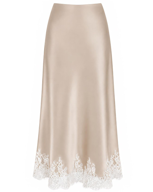 VividMosaic Lace Trim Satin Midi Skirt