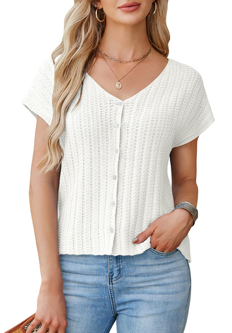 Short Sleeve Cardigan for Women Casual V Neck Button Down Sweater Vest Knit Top Summer Crochet Cardigan White White XL