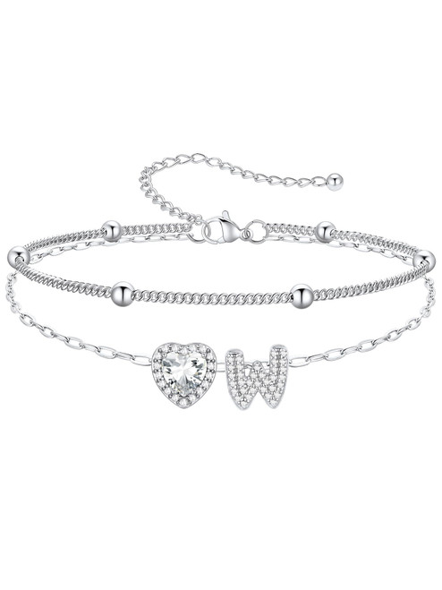 PROSTEEL Silver Ankle Bracelets for Women Waterproof, W Letter Initial Layered Anklets Stainless Steel Adjustable Come with Gift Box