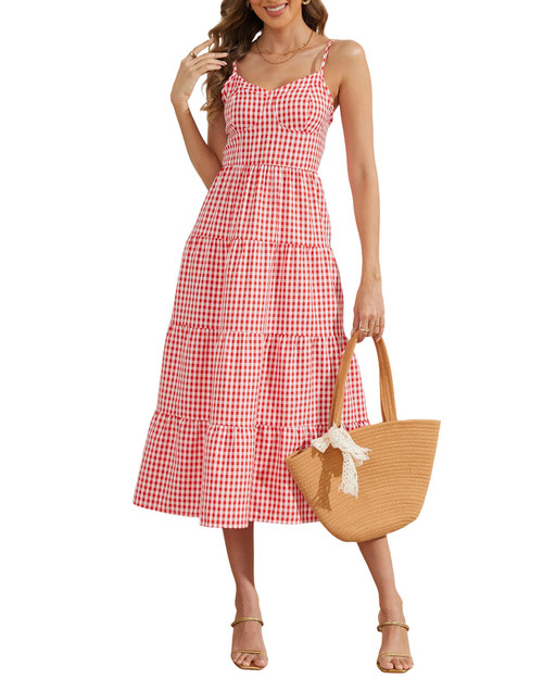 Women's 2026 Summer Maxi Dresses Spaghetti Strap Backless Gingham