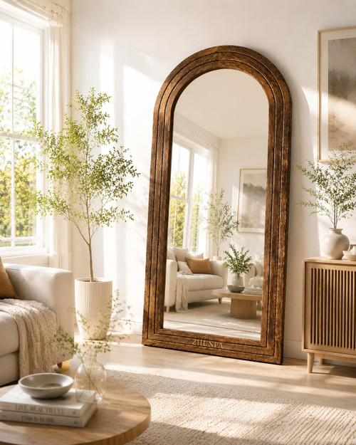 ZHUNFA Arched Full Length Mirror with Solid Wood Frame, 65x22, Brown