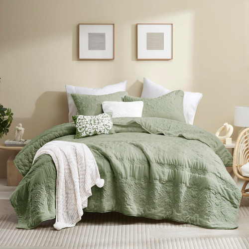 Boho Sage Green Quilt Queen Size Bedding Sets with Pillow Sham
