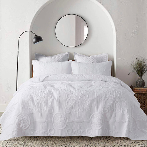 B2EVER White Damask Quilt Queen Size Bedding Sets with 2 Pillow Shams