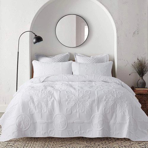 White Damask Quilt California Cal King Size Bedding Sets with 2 Pillow Shams