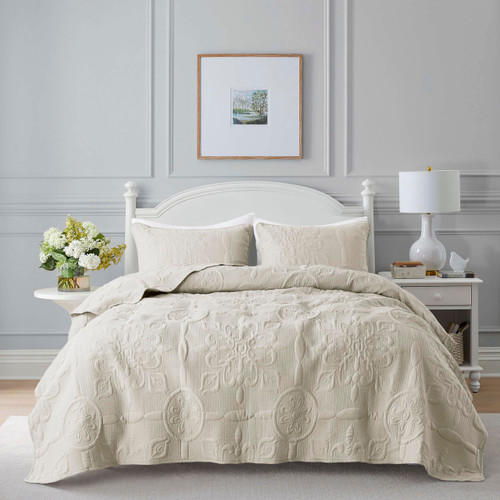 Light Beige Damask Quilt King Size Bedding Sets with 2 Pillow Shams