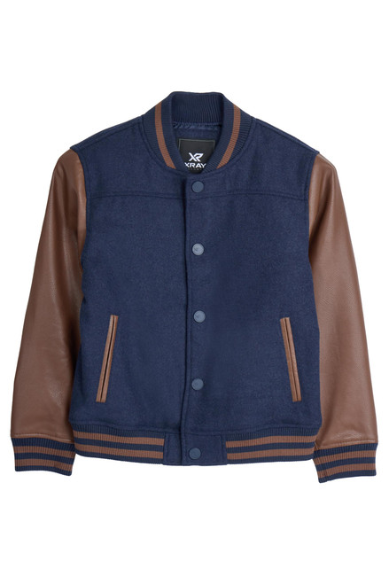 Wool Varsity Bomber Jacket for Kids W/Grainy PU Sleeves for Boys