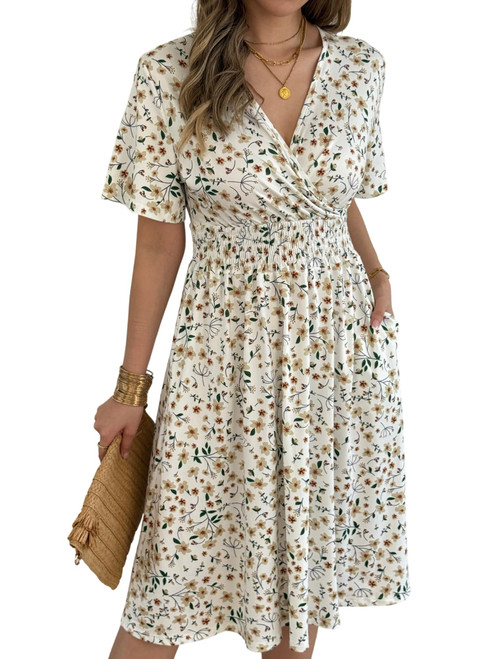 HEBELD Summer Dresses for Women 2026 - Short Sleeve V Neck Wrap Floral Dress with Pockets, Casual Midi Sundress with Sleeves, White Floral, X-Large