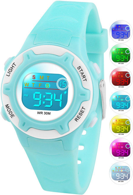Kids Watch 30 M Waterproof, 7 Color Lights Time Teaching Watch Easy to Read