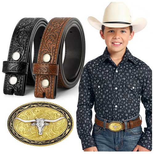 2 Kids Western Belts with Detachable Buckle for Cowboy