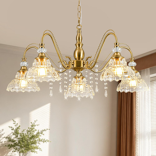 5-Light Vintage Chandelier in Brushed Gold Finish with Flower-Shaped