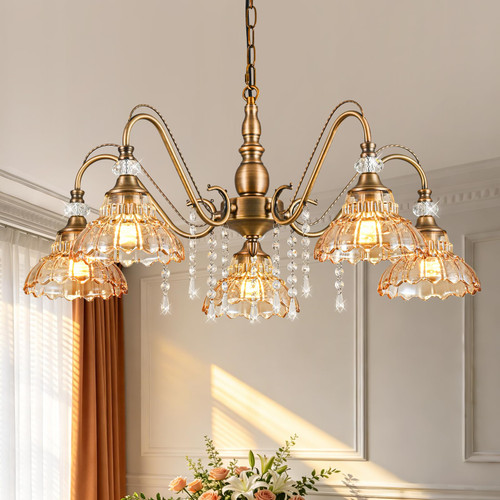 Vintage Chandelier in Matte Antique Brass Finish with Amber Flower-Shaped