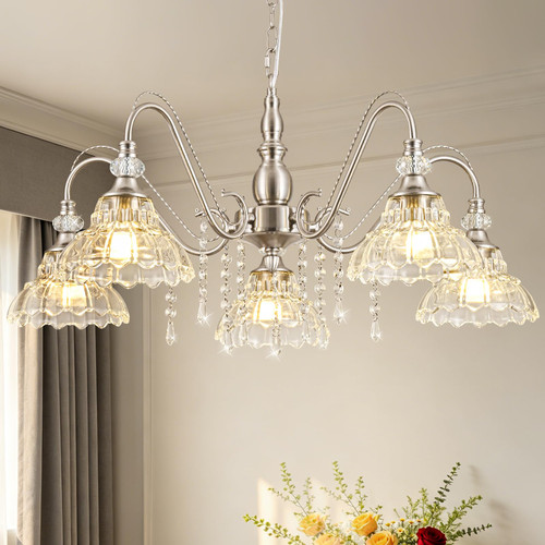 Glass Shades and Hanging Crystal Accents, Modern Chandelier for Dining Room