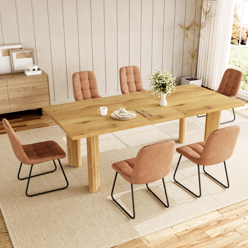 Dining Table Set for 6, Table+6 U-Shaped Brown Chairs | 63-78.7'' MDF Dining Room Table Set