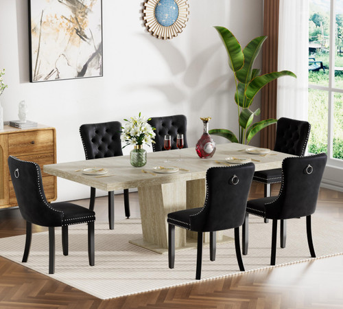 7 Pieces Extendable Dining Table Set for 6, 63"-79" Faux Mars Kitchen Table Set with 6 Black Chairs