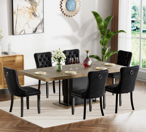 79" Dining Table Set for 6, 7 Pieces Extendable Dining Table and 6 Black Tufted Chairs Set for 6