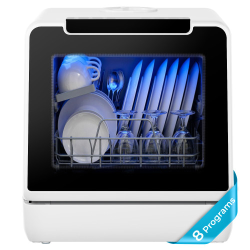 Countertop Dishwasher Portable, 8 Programs with 5L Tank, Black, 40dB | 360° Dual Spray Arms, 29-min Quick Wash