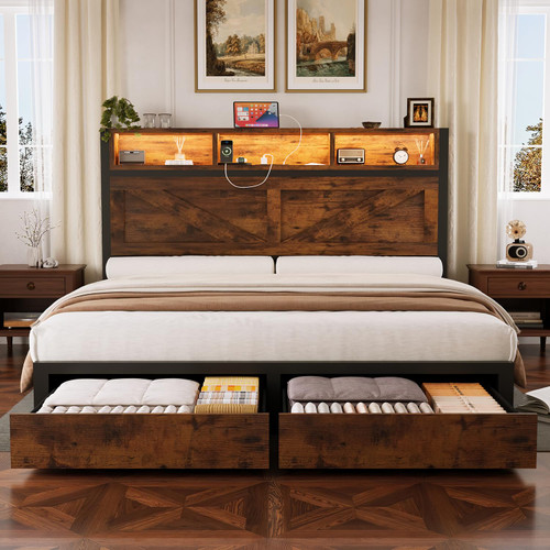 Incyneva Farmhouse Queen Bed Frame with Bookcase Storage Headboard, Charging Station, LED Light and 2 Storage Drawers