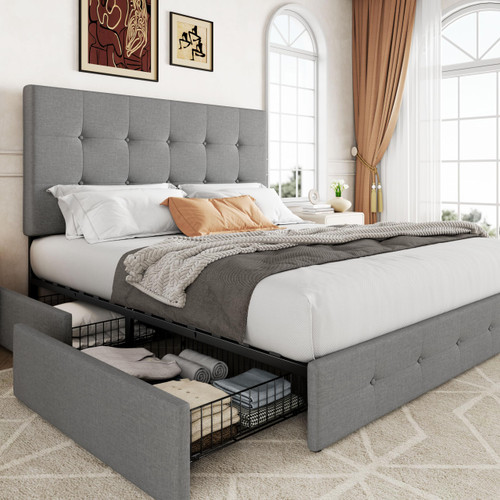 Allewie Upholstered Queen Size Platform Bed Frame with 4 Storage Drawers and Headboard, Square Stitched Button Tufted